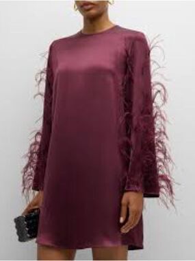 Lapointe Feather-Trim Satin Shift Dress in Wine L